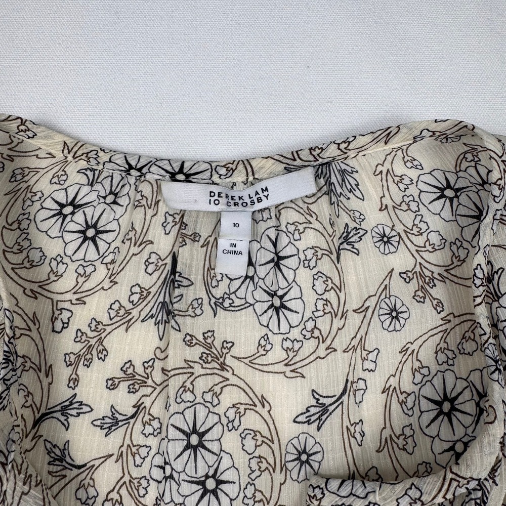 Derek Lam 10 Crosby Blouse Womens 10 Cream 100% Silk Floral Tie Cuff Long Sleeve - Picture 4 of 12